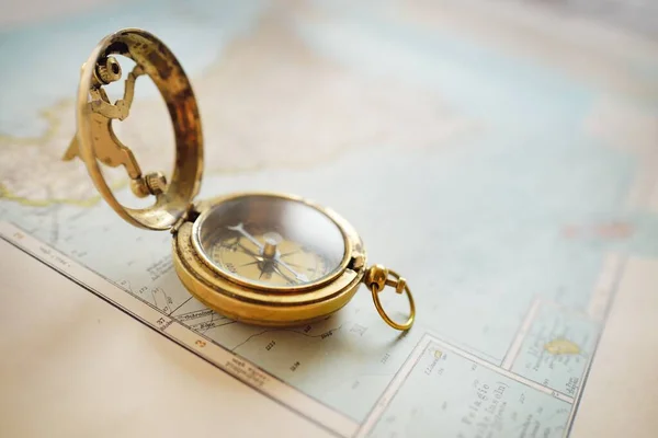 Retro Style Antique Golden Compass Sundial Old Nautical Chart Close — Fotografia de Stock