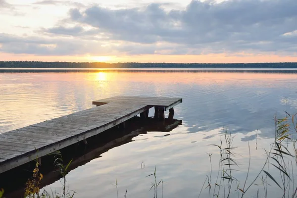 Forest Lake River Sunset Wooden Pier Glowing Clouds Symmetry Reflections — стоковое фото