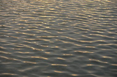 Su yüzeyi dokusu. Yumuşak gün batımı ışığı, suya yansıyan yansımalar. Doğa, çevre, deniz, okyanus, nehir, göl temaları