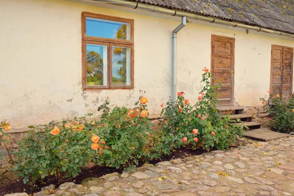 Tradycyjny Kamienny Dom Wiejskimi Drewnianymi Drzwiami Oknami Kwitnące Kwiaty Róż — Zdjęcie stockowe