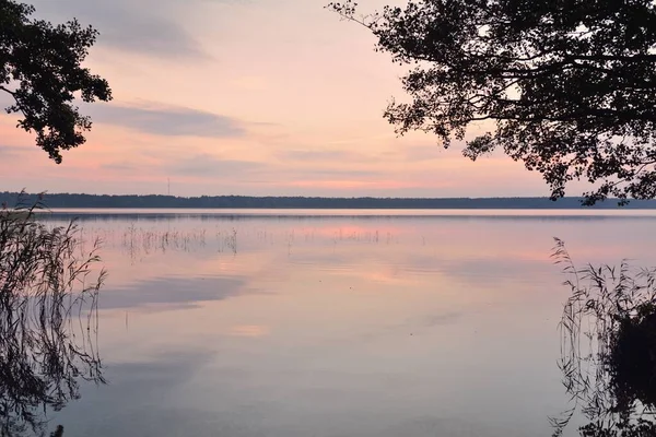 Gün batımında Orman Gölü. Yumuşak güneş ışığı, parlayan bulutlar kristal berrak suda simetri yansımaları. Idyllic manzara. Panoramik manzara. Doğa, ekoloji, çevrecilik. Barış ve neşe kavramları
