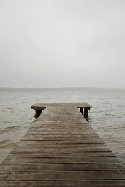 Forest River Lake Thick Fog Wooden Pier Gloomy Sky Rain — Stock Photo, Image