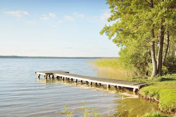 Orman nehri (göl) güneşli bir günde. Ahşap iskele. Clea gökyüzü, kristal berrak suda yansıyor. Idyllic manzara, kırsal manzara. Doğa, ekoloji, eko-turizm, yürüyüş, ekoloji beldesi, yerel turizm