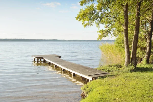 Orman nehri (göl) güneşli bir günde. Ahşap iskele. Clea gökyüzü, kristal berrak suda yansıyor. Idyllic manzara, kırsal manzara. Doğa, ekoloji, eko-turizm, yürüyüş, ekoloji beldesi, yerel turizm
