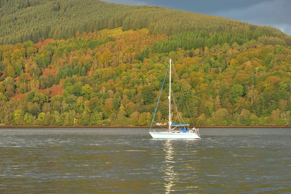 Sailboat anchored in lake. Majestic forest hills. Scotland, UK. Atmospheric landscape. Travel destinations, sailing, cruising, eco tourism, hiking, nature, environmental conservation