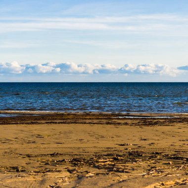 A view of the Baltic sea shore at sunset. Clear sky. Waves and water splashes. Idyllic seascape. Ruhnu island, Estonia