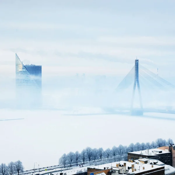 冬季从圣彼得教堂俯瞰里加古城和多加瓦河的全景 白雪覆盖的房子 拉脱维亚 — 图库照片