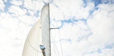 Günbatımında Baltık Denizi 'nde yelkenli yelkenli yelkenli. Kokpitten direğe ve yelkenlere bakın. Dramatik bir gökyüzü. Ulaşım, seyahat, gezi, spor, eğlence, boş zaman aktivitesi, yelkenli yarışı