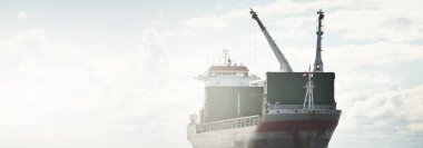 Geniş modern kargo vinç gemisi (142 metre uzunluğunda). Nakliye, deniz taşımacılığı, lojistik, küresel iletişim, ekonomi, iş, endüstri. Panoramik görünüm