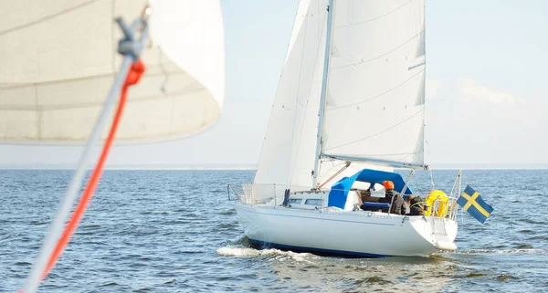 Açık denizde yelkenli yelkenli yelkenli. Gökyüzü açık, bulutlu. Yelkenlinin manzarası. Ulaşım, seyahat, spor, eğlence, boş zaman aktivitesi, yarış, yelkenli yarışı. Panorama, boşluğu kopyala