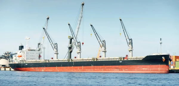 Groot Vrachtschip Laden Haven Terminal Kranen Achtergrond Goederenvervoer Logistiek Wereldwijde — Stockfoto