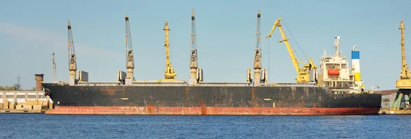 Великий Старий Вантажний Корабель Завантаження Портовий Термінал Крани Задньому Плані — стокове фото