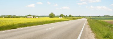 Güneşli bir günde yeşil tarlalarda ve ormanlarda araba sürmek. Açık mavi gökyüzü. Idyllic kırsal alanı, konsept manzarası. Doğa, uzak yerler, lojistik, yaz tatili, yol gezisi