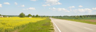 Güneşli bir günde yeşil tarlalarda ve ormanlarda araba sürmek. Açık mavi gökyüzü. Idyllic kırsal alanı, konsept manzarası. Doğa, uzak yerler, lojistik, yaz tatili, yol gezisi