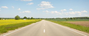 Güneşli bir günde yeşil tarlalarda ve ormanlarda araba sürmek. Açık mavi gökyüzü. Idyllic kırsal alanı, konsept manzarası. Doğa, uzak yerler, lojistik, yaz tatili, yol gezisi