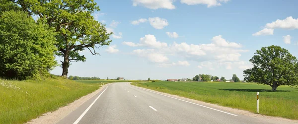 Güneşli bir günde yeşil tarlalarda ve ormanlarda araba sürmek. Açık mavi gökyüzü. Idyllic kırsal alanı, konsept manzarası. Doğa, uzak yerler, lojistik, yaz tatili, yol gezisi