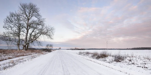 雪のフィールドを介して農村部の道路覆われた 送電線 変圧器の棒 車からのパノラマビュー カラフルな雲 劇的な夕日の空 オフロード 冬のタイヤ リモート村 — ストック写真