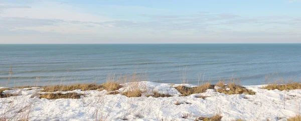 Panoramic View Baltic Sea Snow Covered Sandy Shore Sand Dunes — Stock Photo, Image