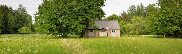 Grüne Wiese Und Wald Einem Sonnigen Tag Altes Haus Blockhaus — Stockfoto