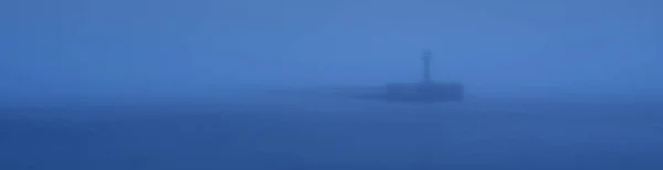 Panoramic View Baltic Sea Port Entrance Lighthouse Breakwaters Thick Fog — Stock Photo, Image