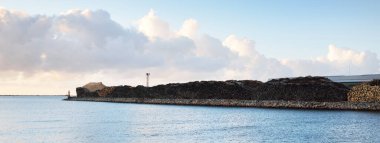 Kargo iskelesine yeni yapılmış odun yükleme. Yük taşımacılığı, lojistik, küresel iletişim, sanayi, ekonomi, ticaret, kereste sanayii, siyaset, yolsuzluk, ekolojik sorunlar