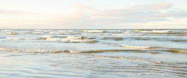 Gün batımında Baltık kıyılarından panoramik manzara. Dramatik bulutlar, parlayan bulutlar, fırtınadan sonra altın güneş ışığı. Doğa, çevre, iklim değişikliği, kararsız hava