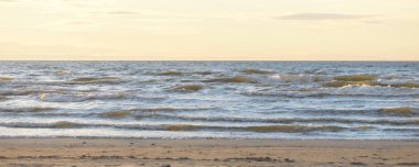 Gün batımında Baltık kıyısı. Kumsal, kum tepeleri. Dinlenme alanı. Yumuşak güneş ışığı. Doğa, çevre, yerel seyahat, eko turizm