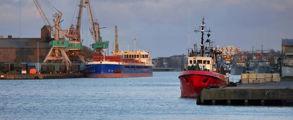 一般貨物船と漁船が貿易港に停泊している 背景に鶴 リトアニア ラトビア バルト海 貨物輸送 グローバル通信 — ストック写真