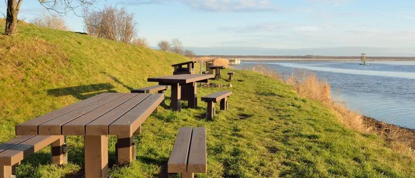 Modern Recreation Area Forest Park Lake Wooden Benches Tables Camping — Zdjęcie stockowe