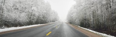 Karla kaplı ormanda boş otoyol (asfalt yol). Kanada mı? Doğa, Noel tatilleri, uzak yerler, kış lastikleri, tehlikeli sürüş konsepti