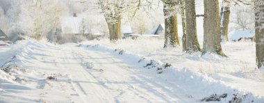 Güneşli bir günde karla kaplı tarlaların ve köyün içinden geçen yol. Arka plandaki kır evleri. Idyllic manzara. Noel tatilleri, eko turizm, yürüyüş, kayak, uzak yerler, off-road teması