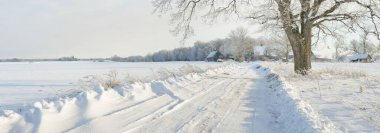 Güneşli bir günde karla kaplı tarlaların ve köyün içinden geçen yol. Arka plandaki kır evleri. Idyllic manzara. Noel tatilleri, eko turizm, yürüyüş, kayak, uzak yerler, off-road teması