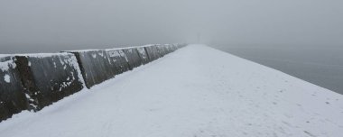 Kumlu sahilden Baltık Denizi 'nin panoramik manzarası. Deniz fenerine dolaş, dalgalar. Yoğun beyaz sis, sis, kar. Dalgalar, su sıçramaları. Deniz Burnu. Tek renkli kış manzarası