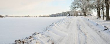 Güneşli bir günde karla kaplı tarlaların ve köyün içinden geçen yol. Arka plandaki kır evleri. Idyllic manzara. Noel tatilleri, eko turizm, yürüyüş, kayak, uzak yerler, off-road teması