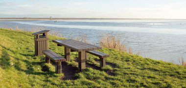 Modern dinlenme alanı, orman parkı, göl. Tahta banklar, masalar. Kamp alanı. Yumuşak güneş ışığı, açık gökyüzü. Baharın başında. Idyllic manzara. Doğa, çevre, ekoloji, eko-turizm, tatiller, hafta sonu