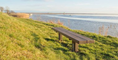 Modern dinlenme alanı, orman parkı, göl. Tahta banklar, masalar. Kamp alanı. Yumuşak güneş ışığı, açık gökyüzü. Baharın başında. Idyllic manzara. Doğa, çevre, ekoloji, eko-turizm, tatiller, hafta sonu