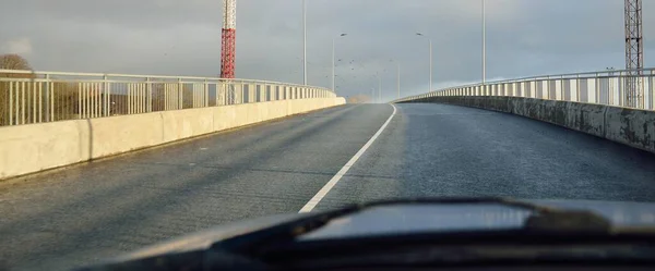 Road Bridge Highway Cargo Port Background Dramatic Sky View Car — 스톡 사진