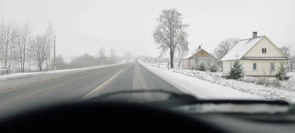 Empty Highway Asphalt Road Snow Covered Forest Fields Rural Area — 스톡 사진