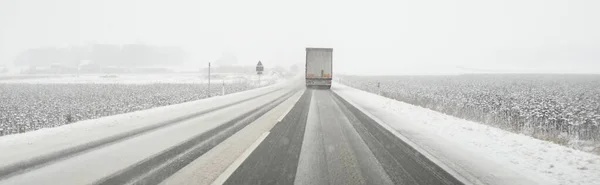 Empty Highway Asphalt Road Snow Covered Forest Fields Rural Area — 스톡 사진