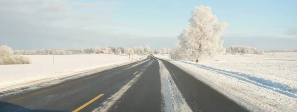 Empty Highway Asphalt Road Snow Covered Forest Fields Rural Area — Photo