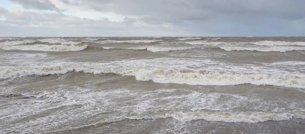 Fırtınadan sonra Baltık Denizi. Gün batımı. Resimli panoramik manzara, deniz manzarası. Doğa, çevre, sert hava, iklim değişikliği