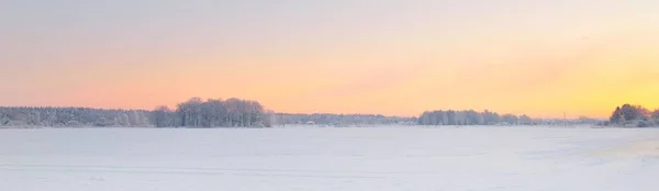 Atmosphärische Landschaft Mit Schneebedecktem Feld Waldwiese Bei Sonnenaufgang Reines Goldenes — Stockfoto