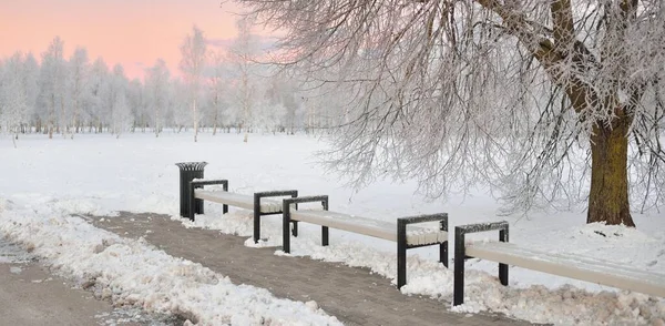 Bus Stop Recreational Area Bench Close Sunrise Snow Drifts Winter — Zdjęcie stockowe