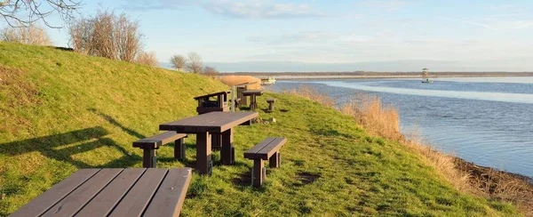 Modern Recreation Area Forest Park Lake Wooden Benches Tables Camping — Zdjęcie stockowe