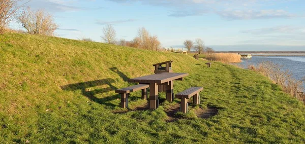 Modern dinlenme alanı, orman parkı, göl. Tahta banklar, masalar. Kamp alanı. Yumuşak güneş ışığı, açık gökyüzü. Baharın başında. Idyllic manzara. Doğa, çevre, ekoloji, eko-turizm, tatiller, hafta sonu