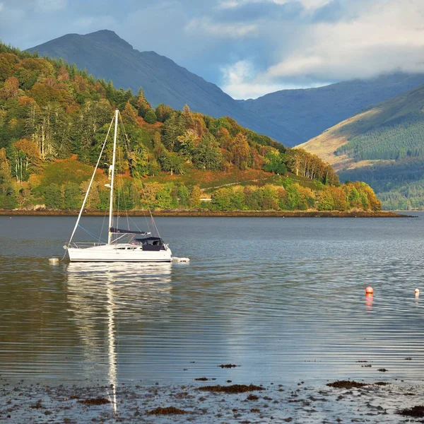 Loch Fyne yakınlarındaki sahil, orman ve tepelerin manzarası. Beyaz yelkenli yatla yakın plan. Inveraray, Inner Hebrides, Argyll ve Bute, İskoçya, İngiltere