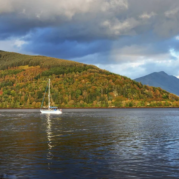 Loch Fyne yakınlarındaki sahil, orman ve tepelerin manzarası. Beyaz yelkenli yatla yakın plan. Inveraray, Inner Hebrides, Argyll ve Bute, İskoçya, İngiltere