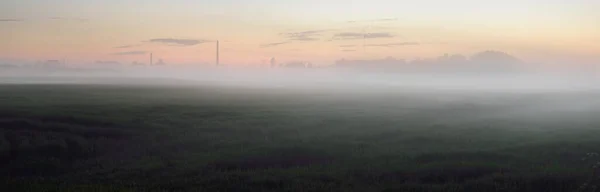 Campo Campo Césped Forestal Prado Una Niebla Atardecer Salida Luna — Foto de Stock