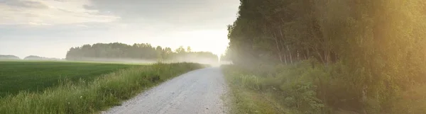 Una Strada Rurale Vuota Attraverso Campo Foresta Tramonto Cielo Splendente — Foto Stock
