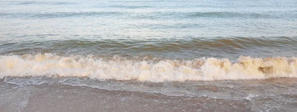 日の出の霧の中でバルト海の海岸からのパノラマビュー 柔らかい日差し 澄んだ青い空 牧歌的な夏の海の風景 純粋な自然 エコツーリズム — ストック写真